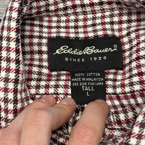 Eddie Bauer Red White Mens L Tall Woven Gingham Check Woven Flannel Shirt - Picture 6 of 10